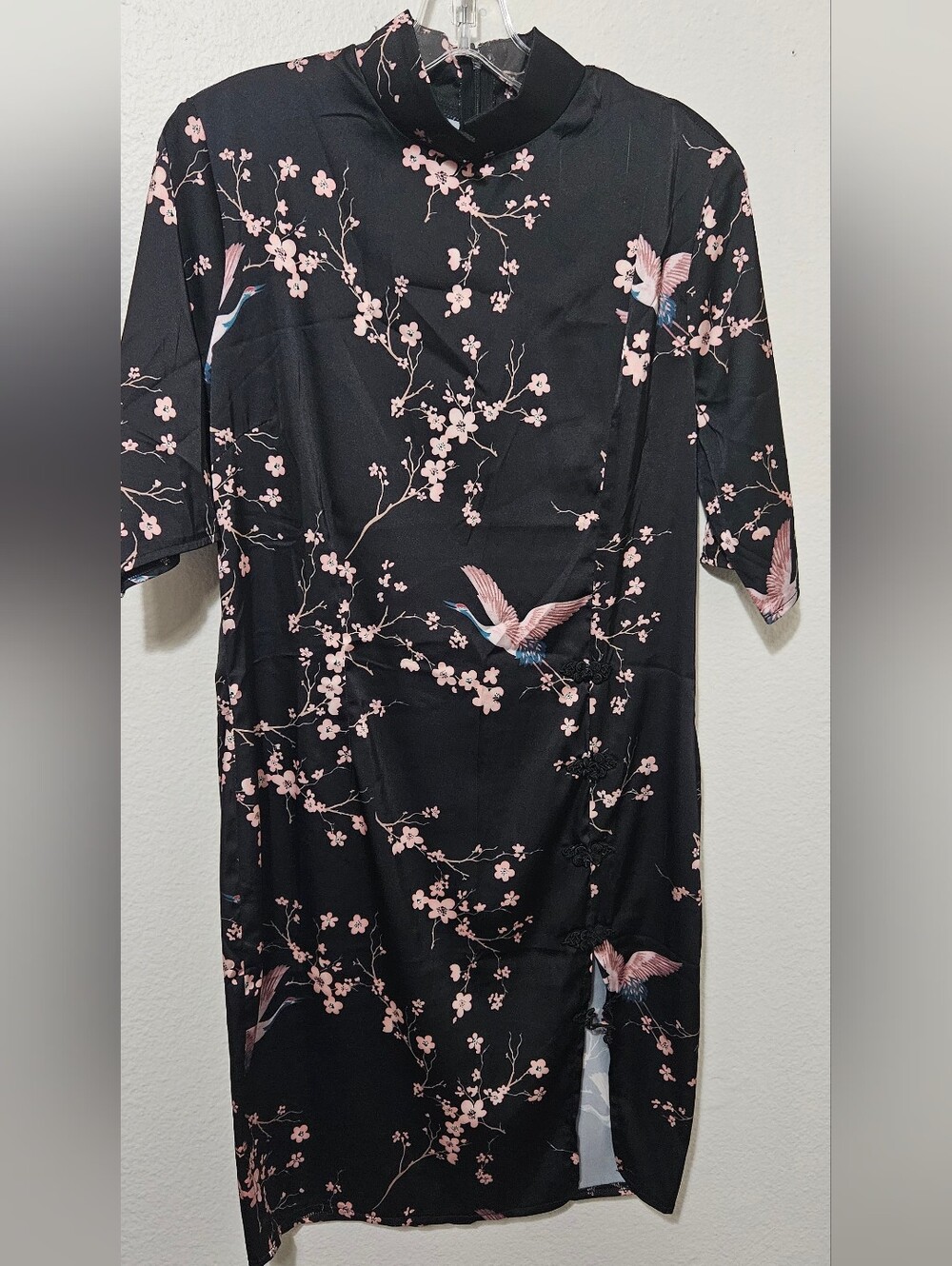Fashion Nova Black Midi Dress with Pink Floral & Crane Print